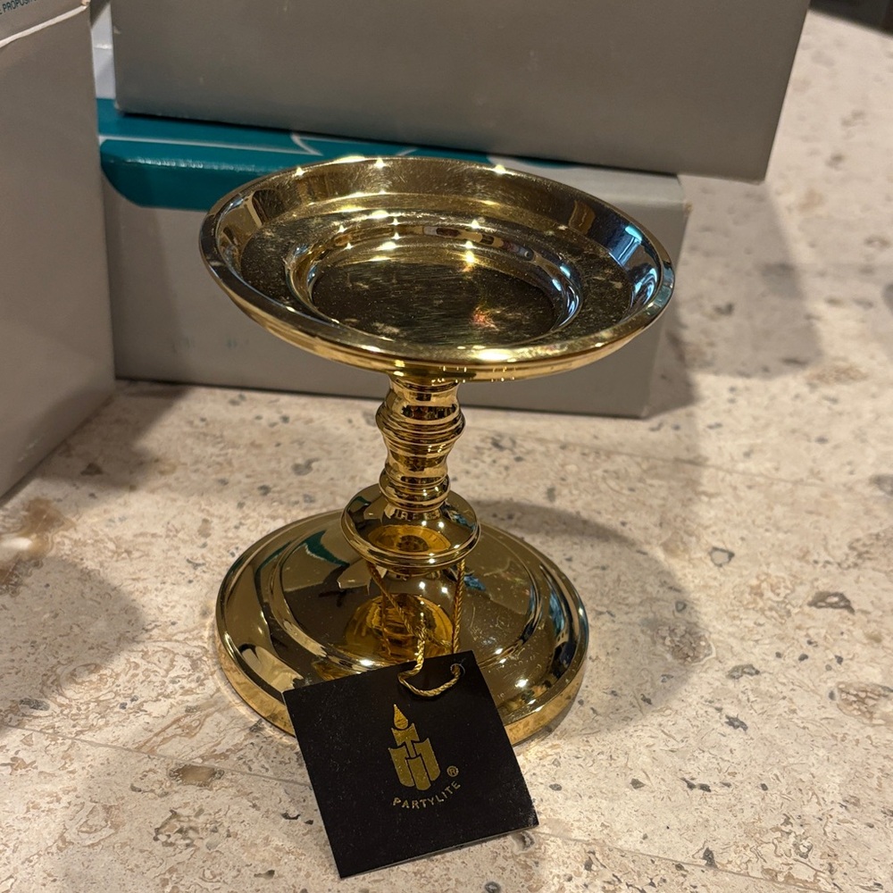 PartyLite Brass-Look Pedestal Candle Stand in Gold